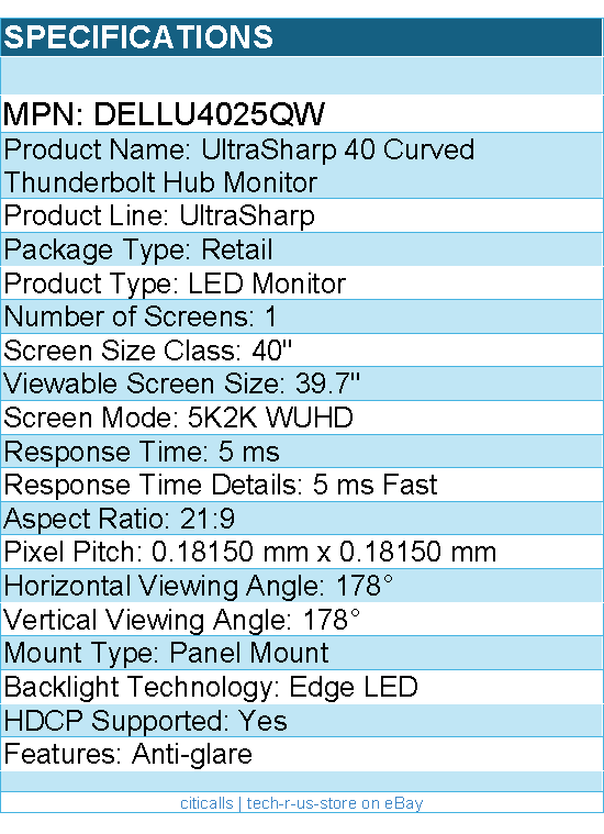 Dell DELLU4025QW UltraSharp 40" Class 5K2K WUHD Curved Screen LED Monitor