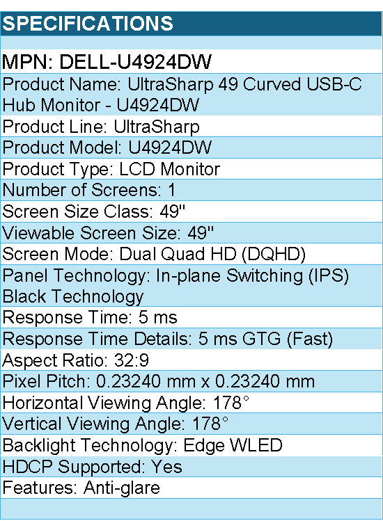 Dell DELL-U4924DW UltraSharp 49" Class Dual Quad HD Curved Screen LCD Monitor