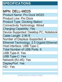Dell DELL-WD25 Pro Dock WD25 - Docking Station - for Desktop PC, Notebook