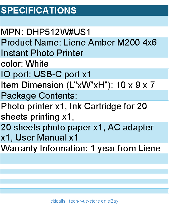 Liene DHP512W#US1 Amber M200 4x6 Instant Photo Printer White w Battery Fast Ship