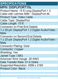 StarTech DISPLPORT15L 15ft (4.6m) DisplayPort 1.2 Cable, 4K x 2K UHD