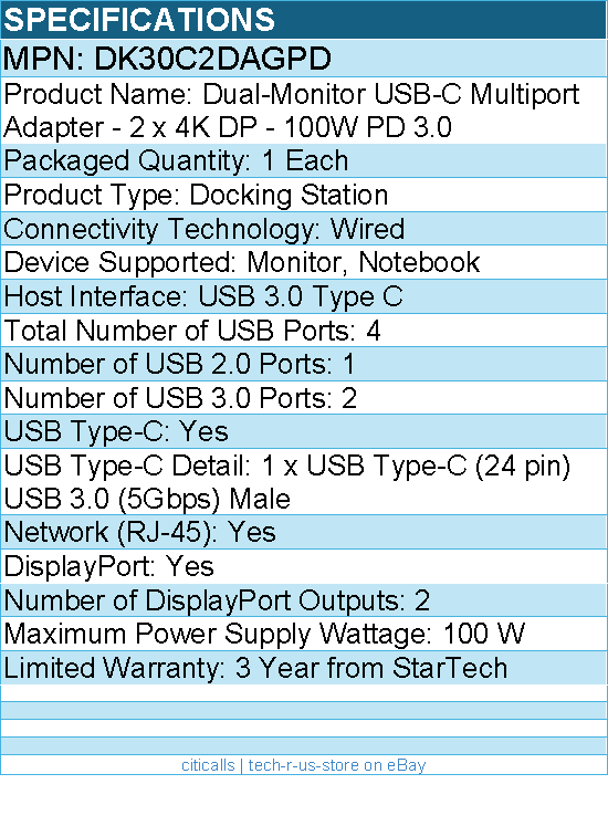 StarTech DK30C2DAGPD  4K Dual Monitor DisplayPort Docking Station - 100 W