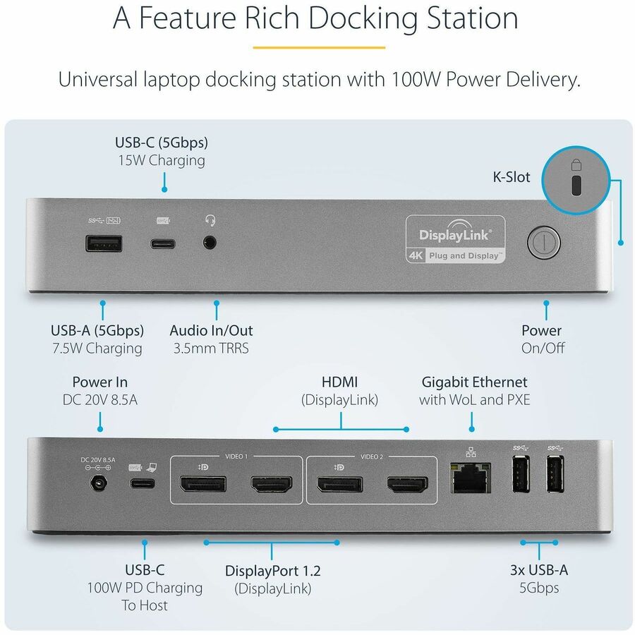 StarTech DK30C2DPEP Universal Laptop Docking Station, Hybrid USB-C & USB-A Dock