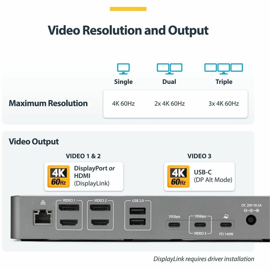 StarTech DK30C2DPEPRN Triple-Monitor USB-C Docking Station, Laptop Charging Dock