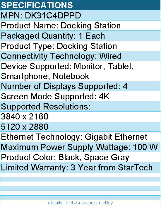 StarTech DK31C4DPPD USB-C Dock, 4K 60Hz Quad Monitor - Black, Space Gray