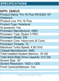 Dell DM6V0 Pro 16 Plus PB16255 16" Notebook - Full HD Plus