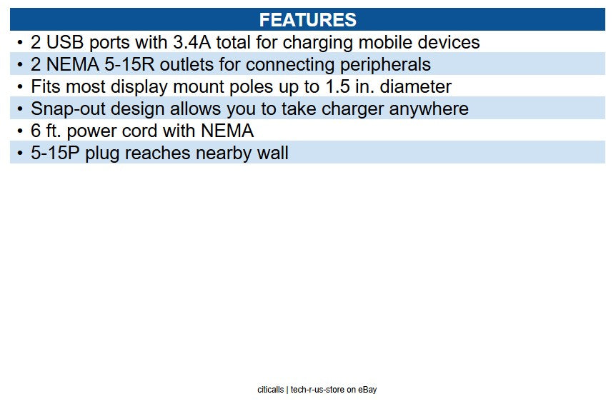 Eaton DMACUSB AC/USB Charging Clip for Display Mounts w/ 2 USB Ports & 2 5-15R
