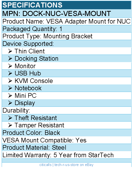StarTech DOCK-NUC-VESA-MOUNT VESA Mounting Bracket for NUC/Thin Clients
