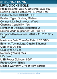 Targus DOCK116GLZ USB-C Universal Dual HD Docking Station with 80W PD Pass-Thru