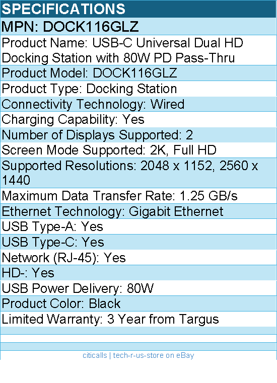 Targus DOCK116GLZ USB-C Universal Dual HD Docking Station with 80W PD Pass-Thru
