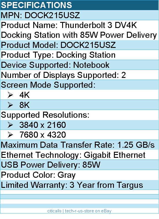 Targus DOCK215USZ Thunderbolt 3 DV4K Docking Station with 85W Power Delivery