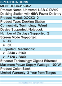 Targus DOCK315USZ Universal USB-C DV4K Docking Station with 65W Power Delivery