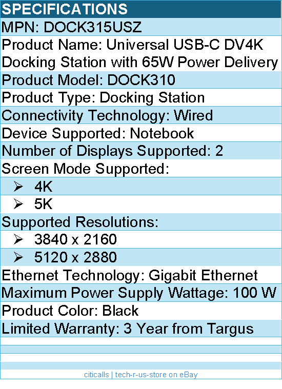 Targus DOCK315USZ Universal USB-C DV4K Docking Station with 65W Power Delivery
