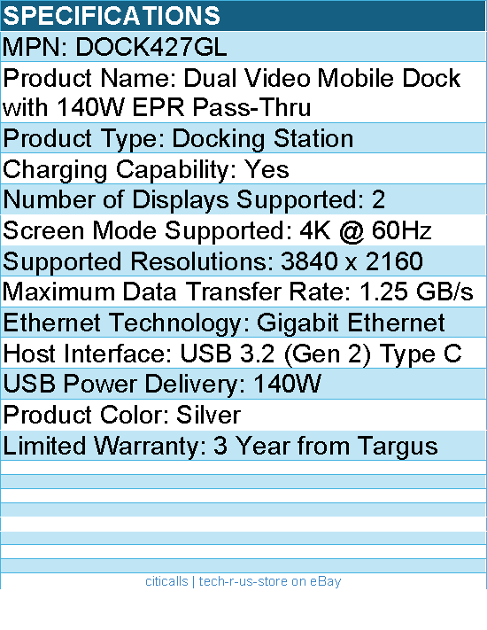 Targus DOCK427GL Dual Video Mobile Dock with 140W EPR Pass-Thru