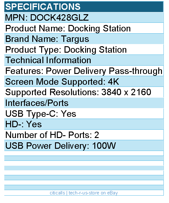 Targus DOCK428GLZ Docking Station - Power Delivery Pass-through