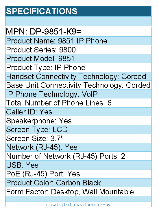 Cisco DP-9851-K9= 9851 IP Phone - Corded - Corded - Desktop, Wall Mountable