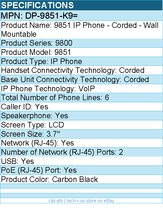Cisco DP-9851-K9= 9851 IP Phone - Corded - Wall Mountable - Carbon Black