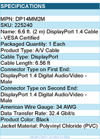StarTech DP14MM2M 6.6ft(2m) DisplayPort 1.4 Cable VESA Certified Black RTL