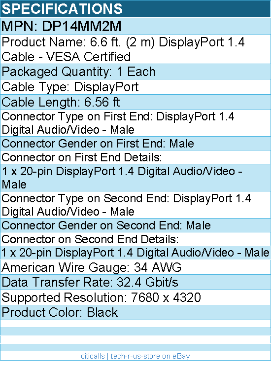 StarTech DP14MM2M 2 m VESA Certified DisplayPort 1.4 Cable - Black