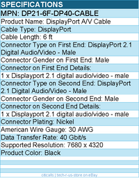 StarTech DP21-6F-DP40-CABLE 6ft DisplayPort 2.1 Cable - VESA Certified DP40