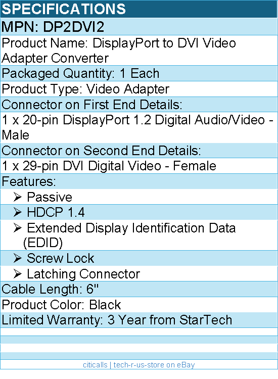 StarTech DP2DVI2 DisplayPort to DVI Adapter - Latching Connector - Black