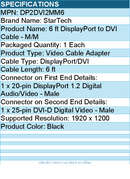 StarTech DP2DVI2MM6 6ft DisplayPort to DVI Cable, DisplayPort to DVI Adapter