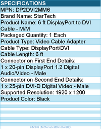 StarTech DP2DVI2MM6 6ft DisplayPort to DVI Cable, DisplayPort to DVI Adapter