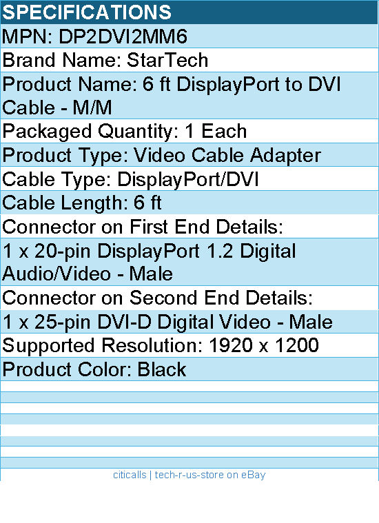 StarTech DP2DVI2MM6 6ft DisplayPort to DVI Cable, DisplayPort to DVI Adapter
