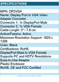 StarTech DP2VGA Display Port to VGA Video Adapter Converter Retail