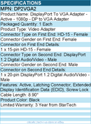 StarTech DP2VGA2 DisplayPort to VGA Video Adapter Converter - Black