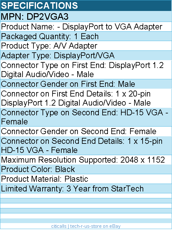 StarTech DP2VGA3 DisplayPort to VGA Adapter, Active DP to VGA Converter