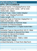 StarTech DP2VGAMM3B 3ft (1m) DisplayPort to VGA Cable, Active - Black