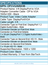 StarTech DP2VGAMM3B 3ft (1m) DisplayPort to VGA Cable, Active - Black