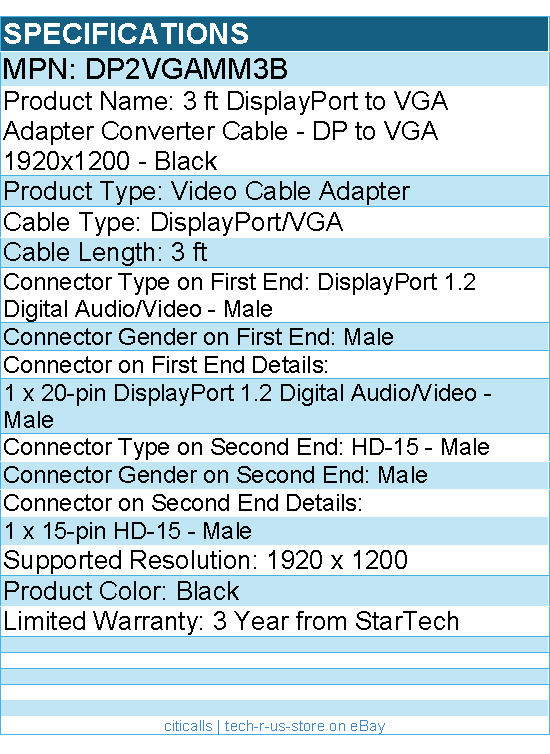 StarTech DP2VGAMM3B 3ft (1m) DisplayPort to VGA Cable, Active - Black