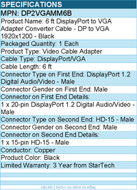 StarTech DP2VGAMM6B 6ft (1.8m) DisplayPort to VGA Cable - Black