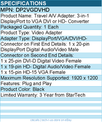 StarTech DP2VGDVHD Travel A/V adapter: 3-in-1 DisplayPort to VGA DVI