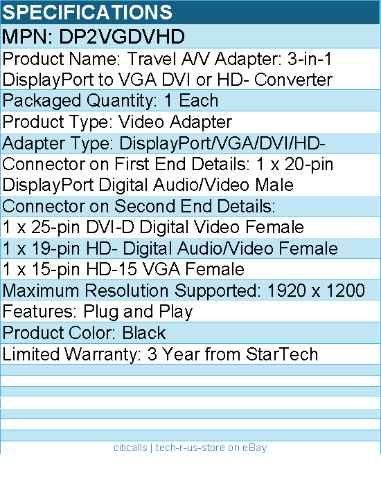 StarTech DP2VGDVHD Travel A/V adapter: 3-in-1 DisplayPort to VGA DVI