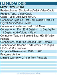 Plugable DPM-VGAF DisplayPort to VGA Adapter - Active DP/DP to VGA Converter