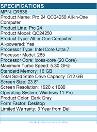 Dell DR538 Pro 24 QC24250 All-in-One Computer - Intel Core Ultra 7 - Dark Gray