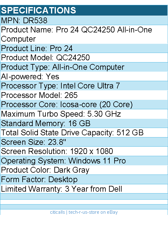 Dell DR538 Pro 24 QC24250 All-in-One Computer - Intel Core Ultra 7 - Dark Gray