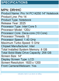 Dell DRHHC Pro 14 PC14250 14" Notebook - Full HD Plus - 60 Hz - Intel Core 5