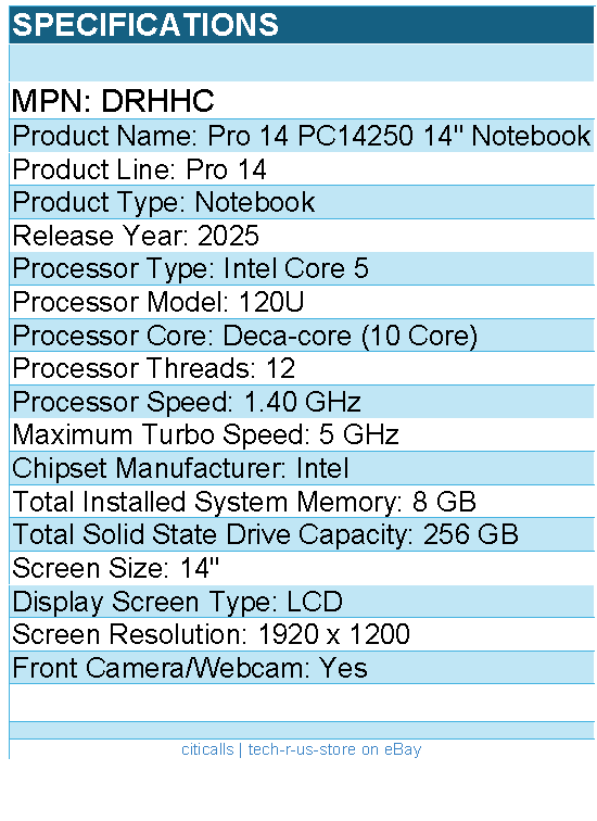 Dell DRHHC Pro 14 PC14250 14" Notebook - Full HD Plus - 60 Hz - Intel Core 5