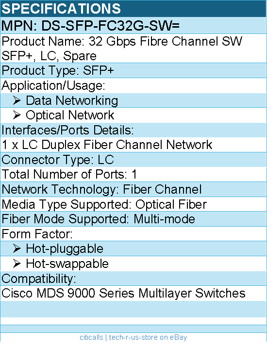 Cisco DS-SFP-FC32G-SW= 32 Gbps Fibre Channel SW SFP+, LC, Spare
