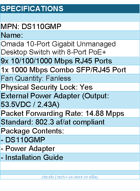 TP-Link DS110GMP Omada 10-Port Gigabit Desktop Switch with 8-Port PoE+