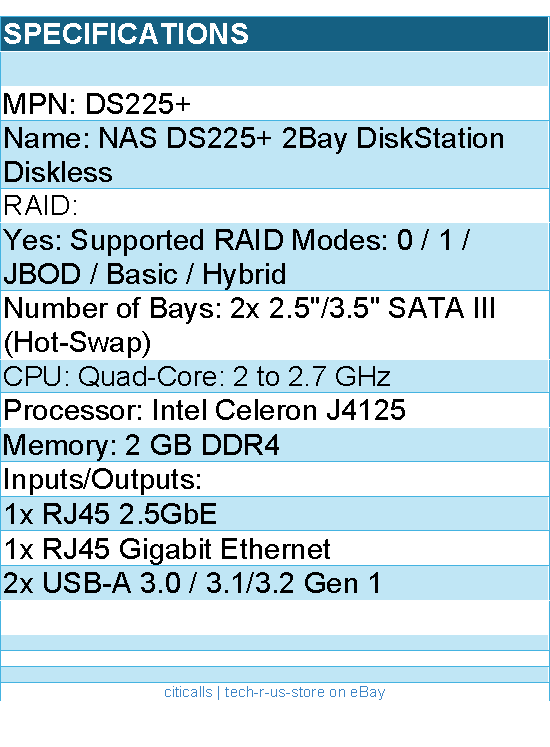 Synology DS225+ NAS - 2 Bay DiskStation Diskless Retail