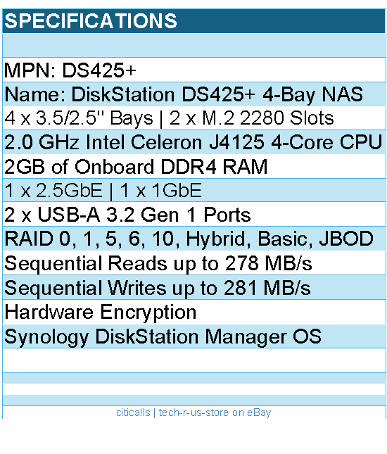 Synology DS425+ Network Attached Storage- 4 Bay DiskStation Diskless Retail
