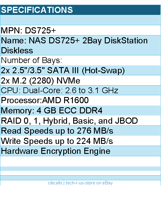 Synology DS725+ - 2 Bay DiskStation Diskless - NAS Storage System