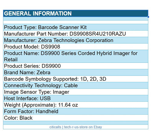Zebra DS9908-SR4U210RAZU Corded Hybrid Imager Retail Scanner w USB Cable Black