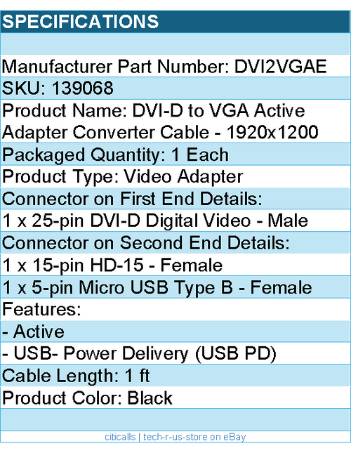 StarTech DVI2VGAE DVI-D to VGA Active Adapter Converter Cable 1920x1200 RTL