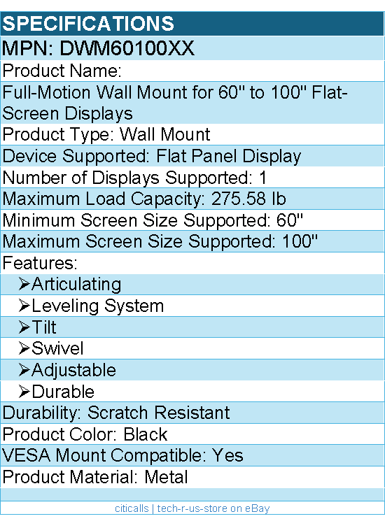 Eaton Tripp Lite Series DWM60100XX Wall Mount for 60" to 100" TVs & Monitors